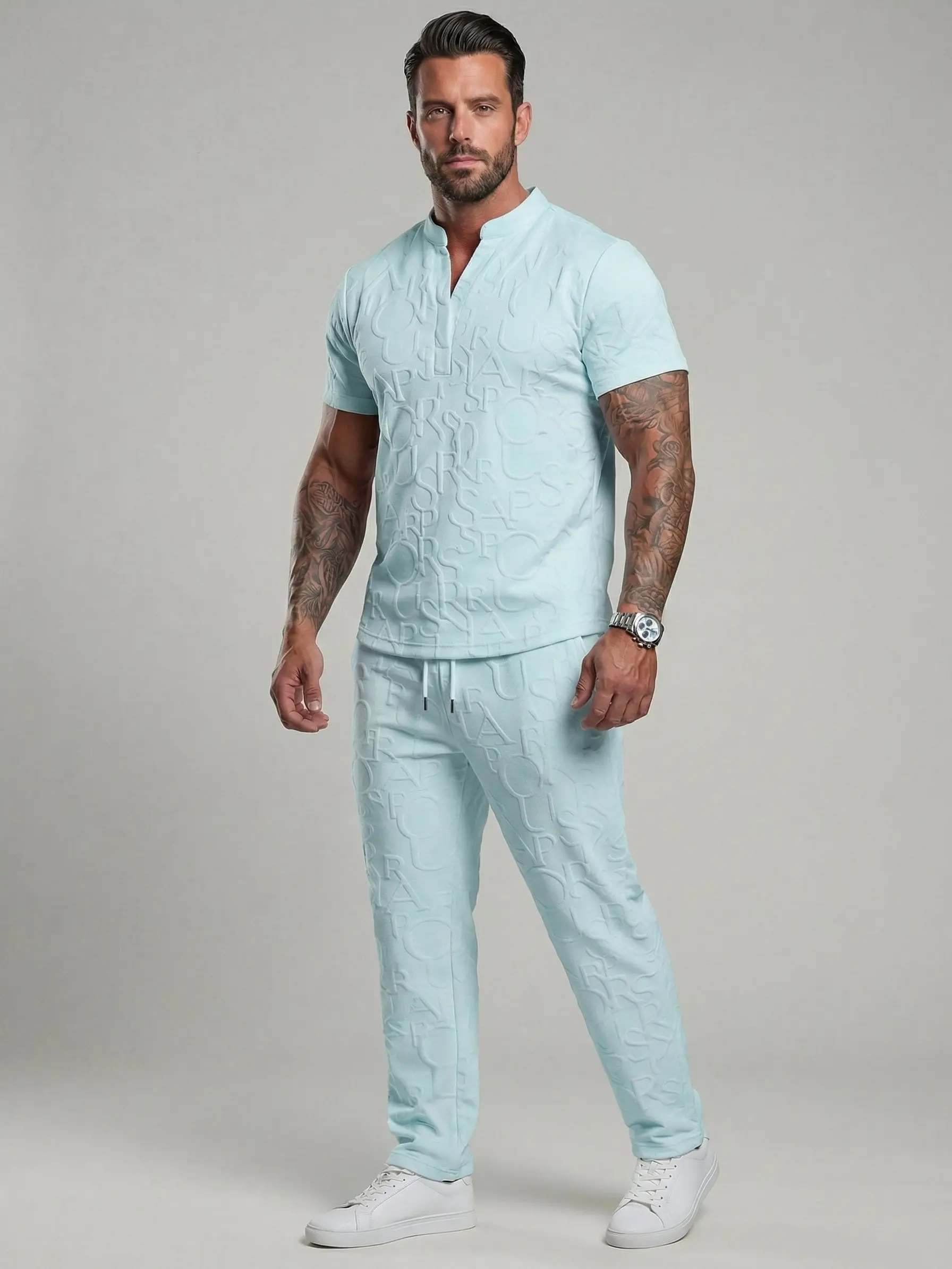 Men’s Textured Letter Embossed 2-Piece Casual Set – Short Sleeve Notch Neck Shirt & Drawstring Pants 5-Pack