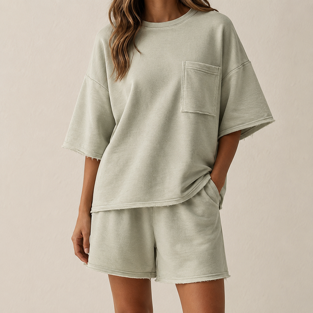 Sage Green oversized short sleeve lounge set front view