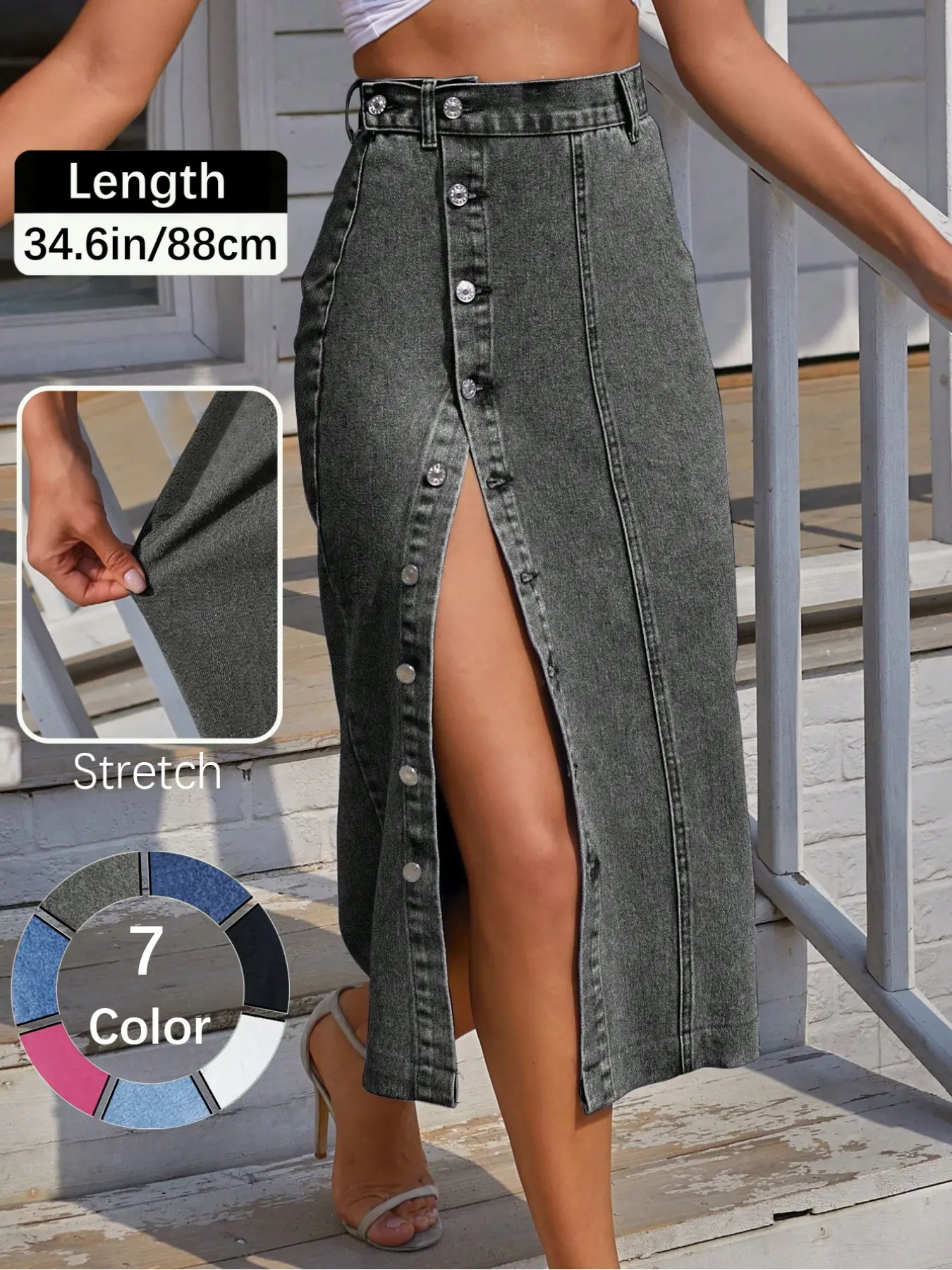 Jeans Women's Button Front Light Wash Denim Split Hem Skirt, Casual Fashion Fitted Skirt for Daily Wear, Ladies Bottoms for All Seasons, Button Fly Skirt