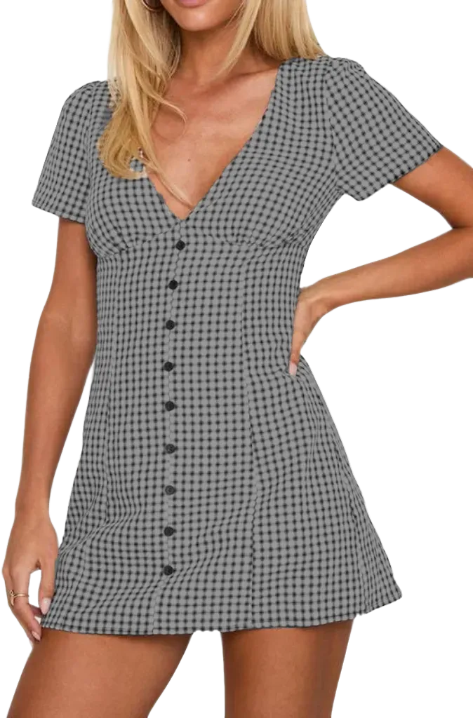 Women's Plaid Print Button Decor V Neck Shortsleeve