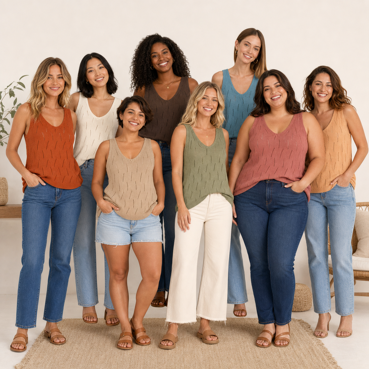 Eight adult women wearing the sweater tank across body types