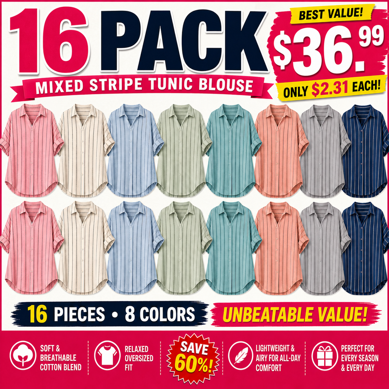 Limited Deal 8-Pack Women's Cotton Linen Stripe Button-Front Tunic Blouses