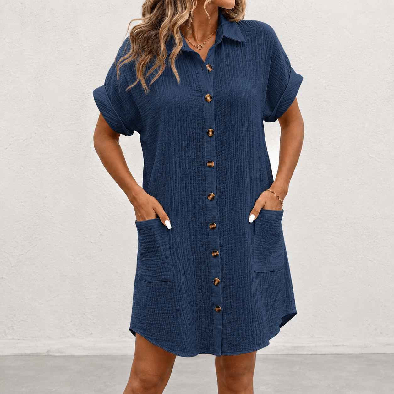 Navy blue crinkle button down shirt dress