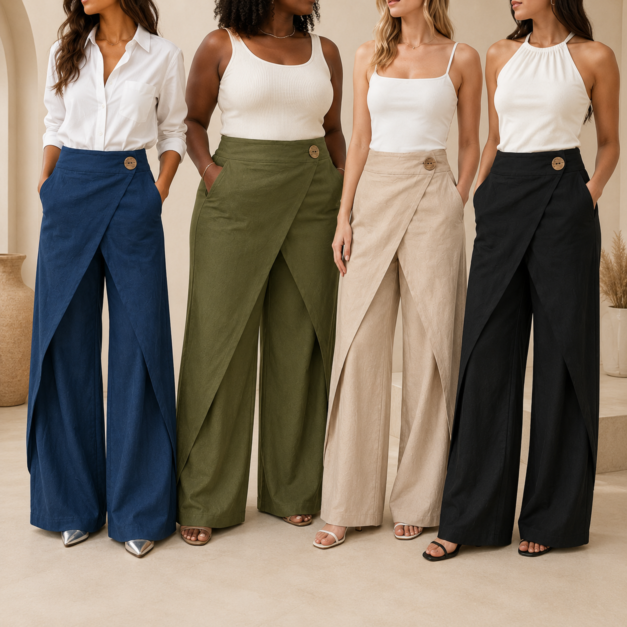 Four models wearing wrap-front wide-leg pants in mixed colors