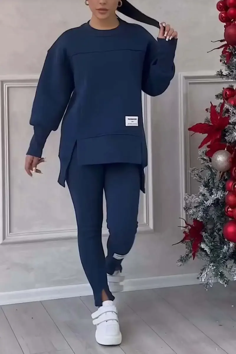 ⏰Winter Clearance Sale - 80% Off 🔥Women's Casual Solid Color Round Neck Long Sleeve Slit Hem Sweatshirt Leggings Set