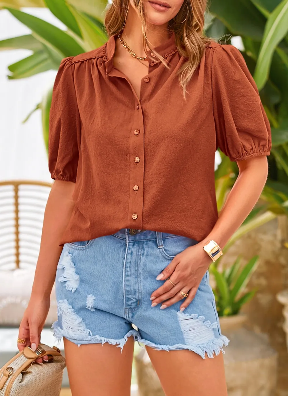 Women's SummerTops Button Down Shirts ShortLantern Sleeve V Neck Cotton CuteDressy Casual Blouses