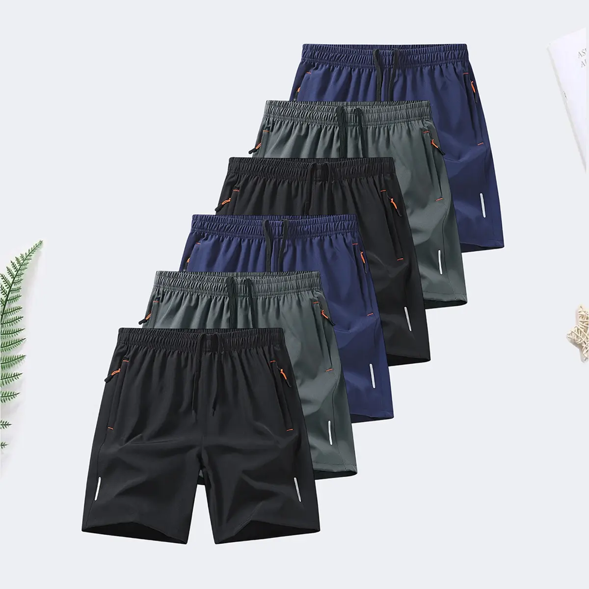 6-piece set, men's zipper pocket shorts, summer ice silk beach shorts