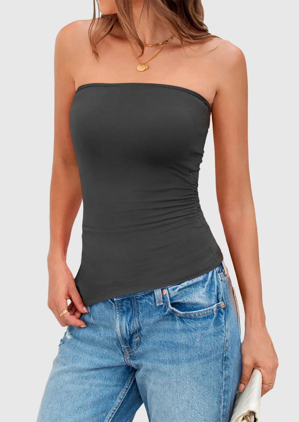 Womens SummerTube Tops Trendy StraplessRuched Going Out Tops OutfitsAsymmetrical Bandeau Shirts
