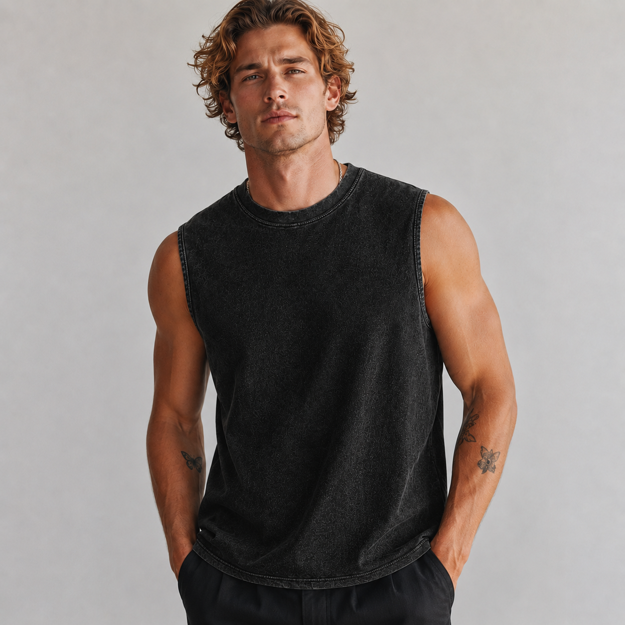 Washed Black men's sleeveless tank top