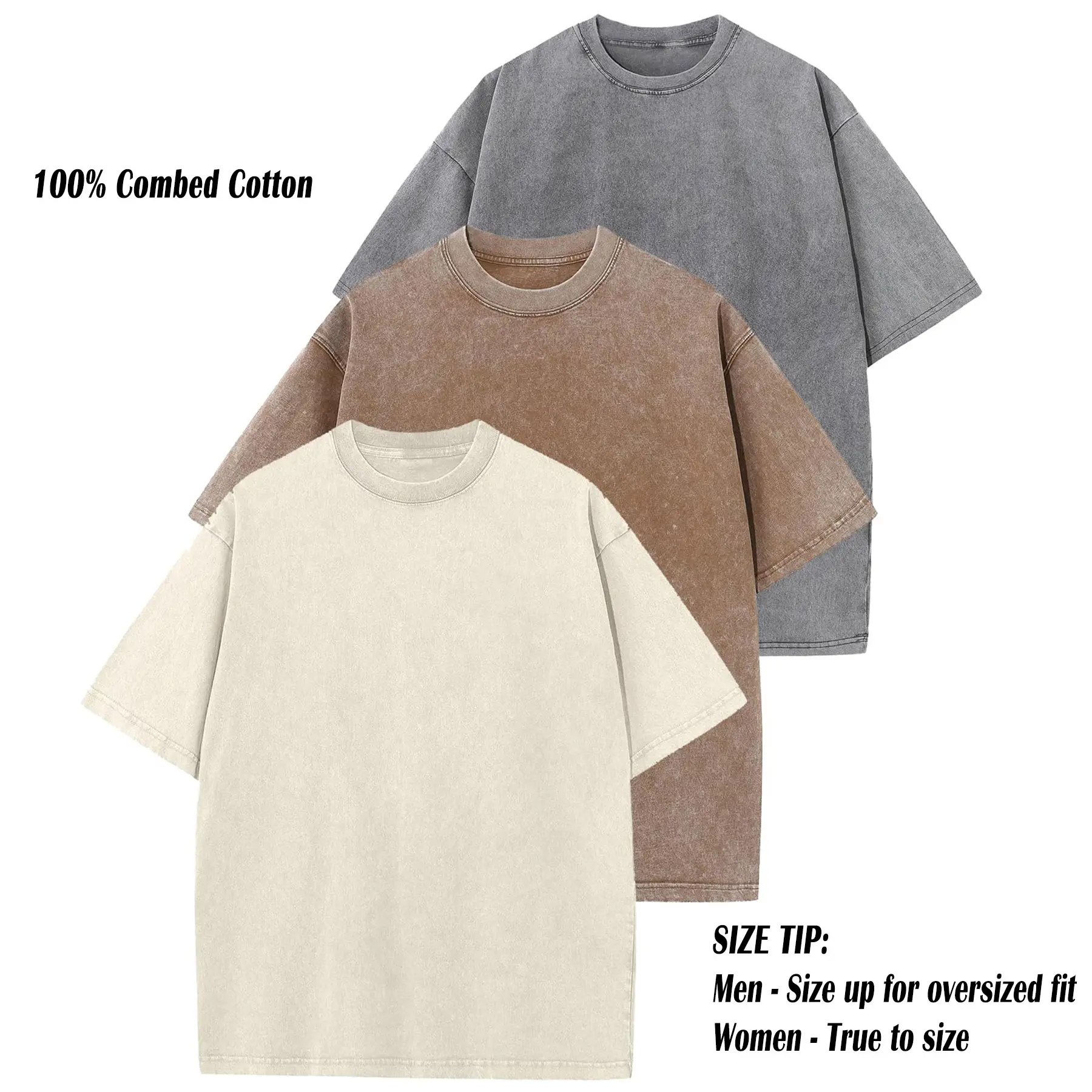 ARSSM 3 Pack Acid Wash Unisex Oversized Cotton T-Shirt Crew Neck Half Short Sleeve Summer Top Casual Loose Fit Solid Streetwear Comfortable Tees Basic Womenswear Shortsleeve Tshirt