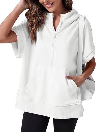 Women's Oversized Half Zip Hoodies Short Sleeve Casual Sweatshirts Pullover Tops with Pockets