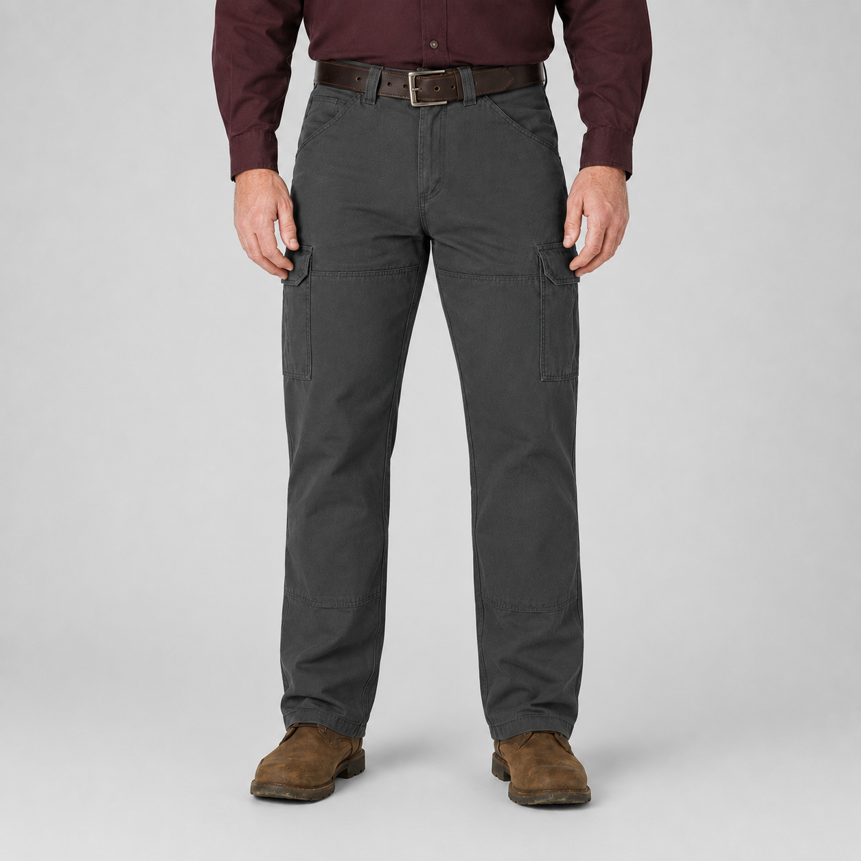 Charcoal gray relaxed-fit cargo utility pants front view