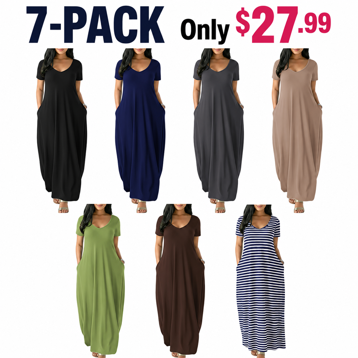Women's Long Loungewear Dress, Casual Fitted Style, Large Round Neck Short Sleeve Pocket Sleepwear, Soft Fabric Everyday All Seasons Wear
