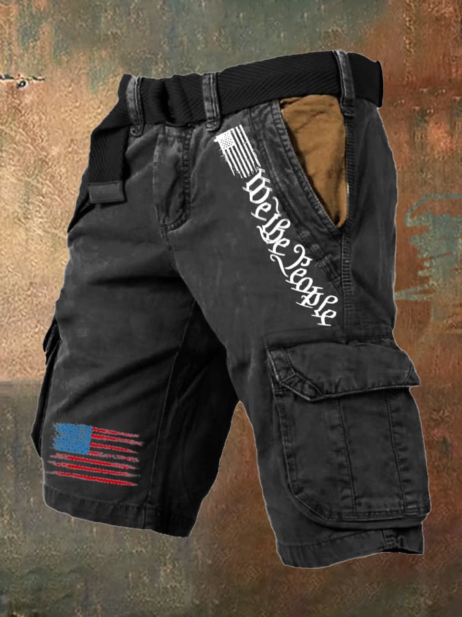 🔥Last Day 80% OFF🔥Men's Vintage Flag Independence Day Multi-Pocket Print Cargo Shorts (Belt Included)
