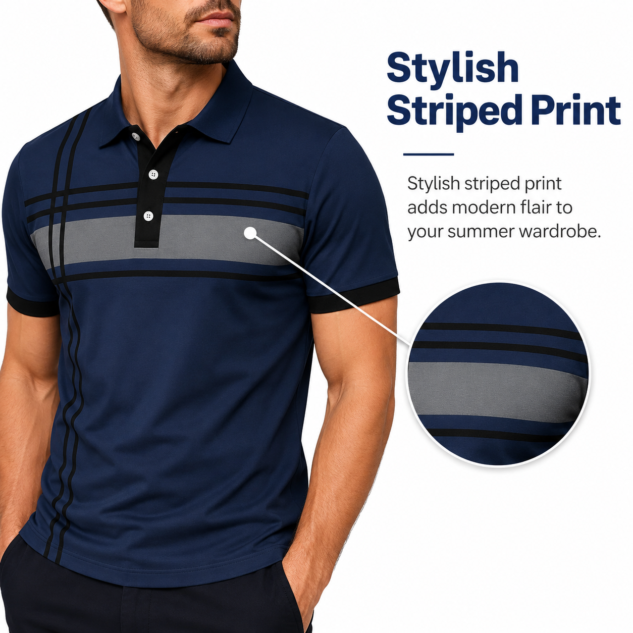 🎉Men's Striped Print Short Sleeve Polo Shirt, Regular Fit Trendy Casual Buttons Collared Top for Summer, Men's Clothes for Daily Wear, Printed Polo Shirts, Summer Polos🔥