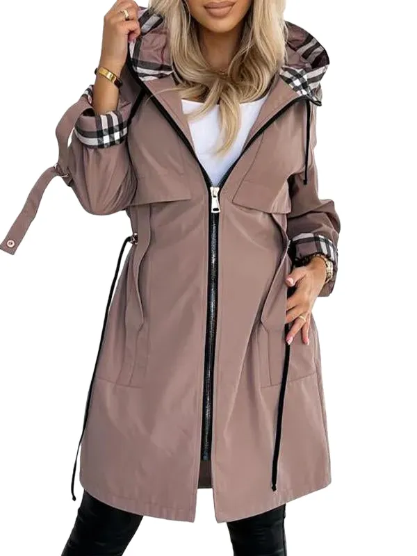 ⏰Winter Clearance Sale - 80% Off 🔥Women's Hooded Zipper Drawstring Plaid Print Casual Long Coat