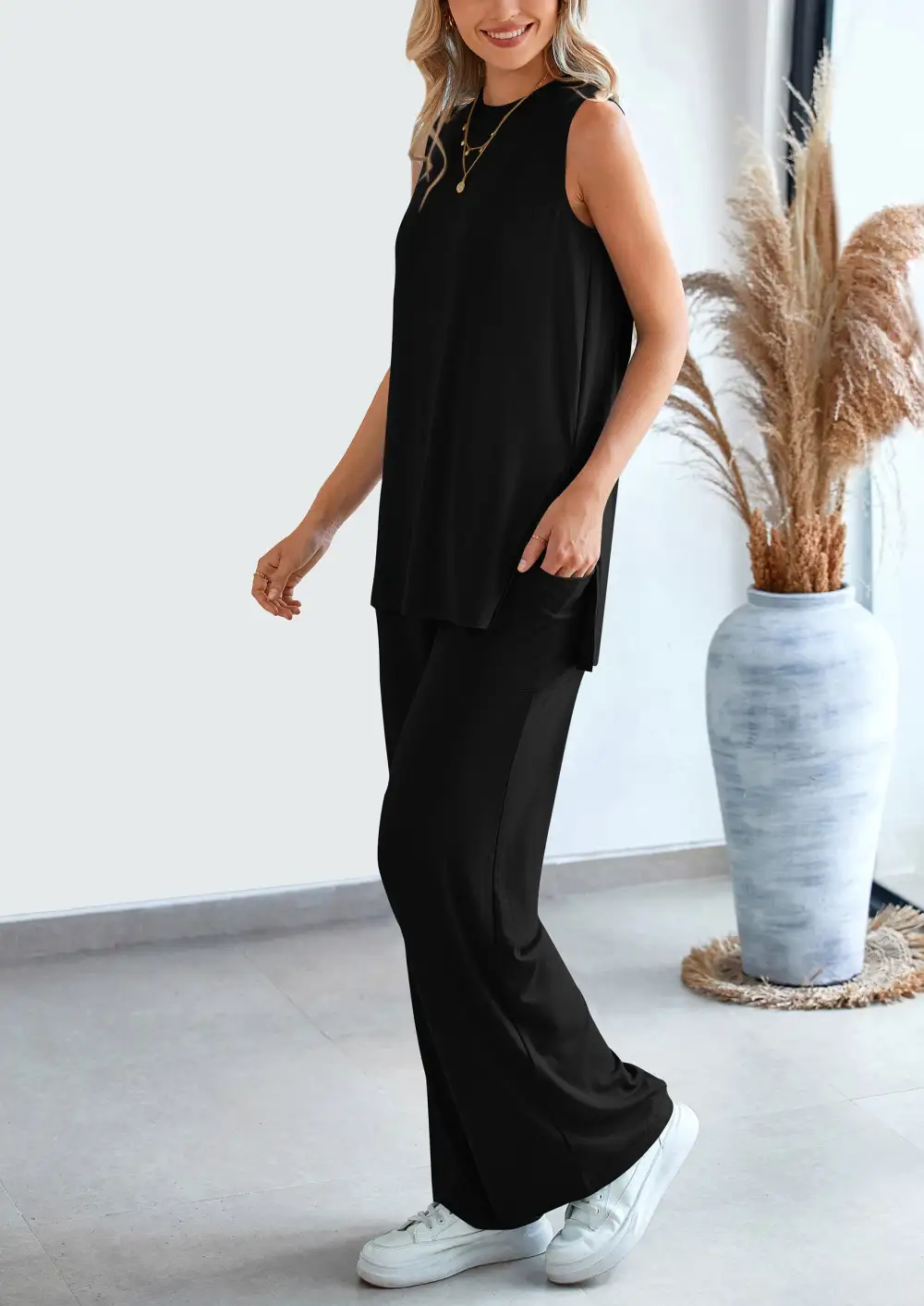 2 Piece Set LooseTank Top Wide Leg Pants CasualMatching Outfits Tracksuit