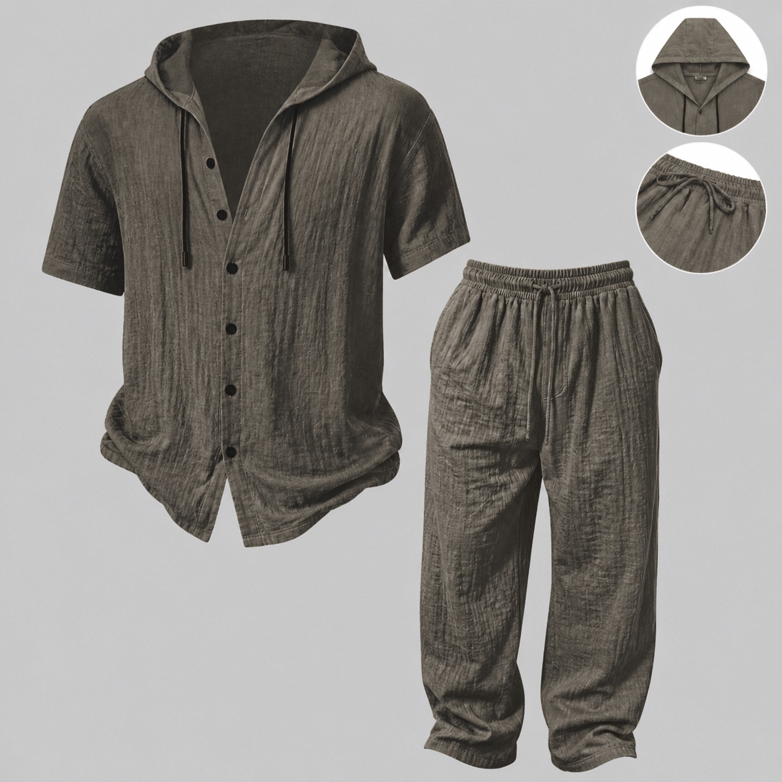 Mens Summer Hooded Sweatshirt Wide Leg Pants Set Mens Simple Casual Hooded Short Sleeve Shirt Button Loose Wide Leg Pants Holiday Relaxed Short Sleeve Two-piece Set Black 1 Set