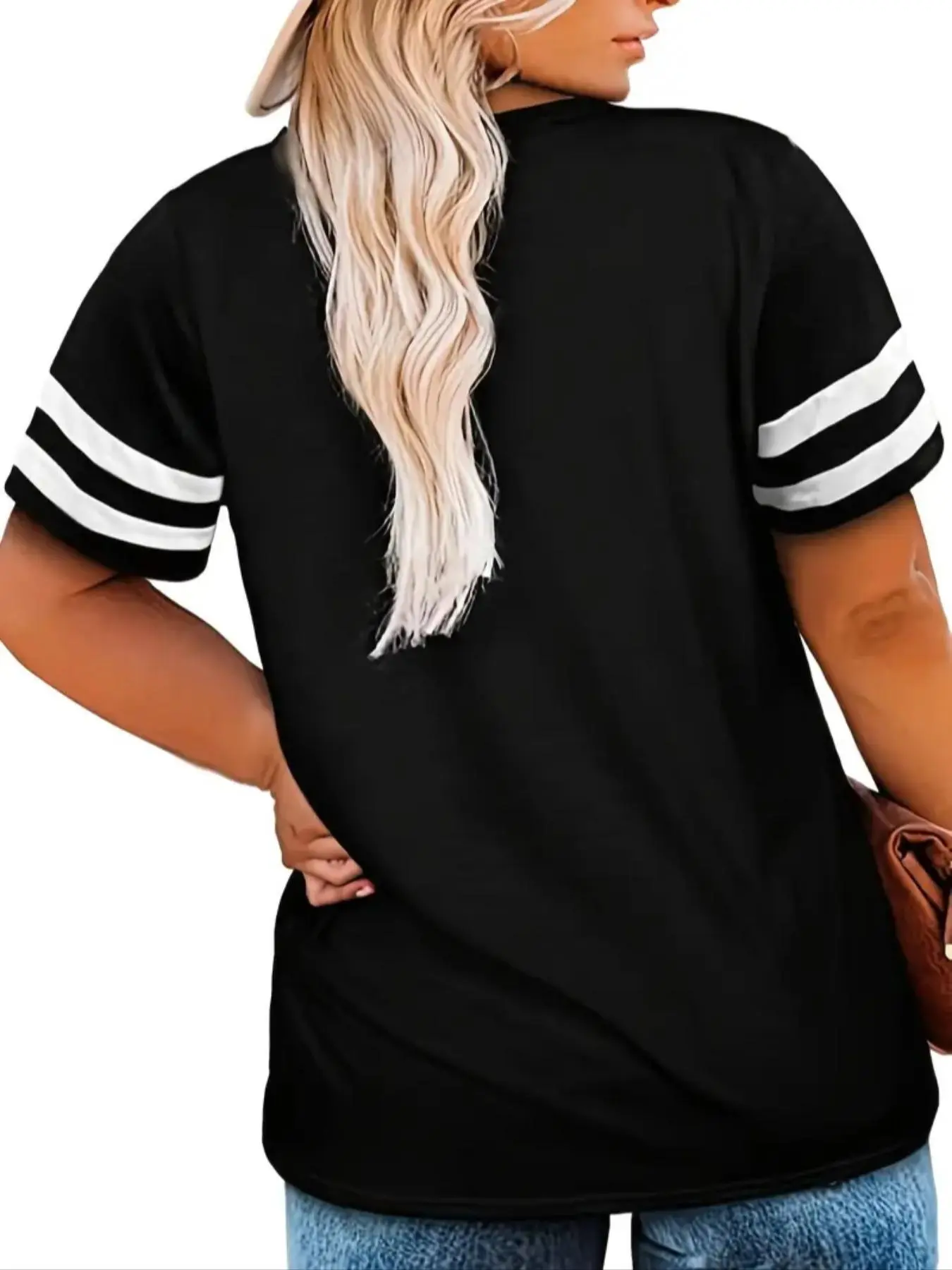 Women's Contrast Striped V Neck Short Sleeve Tee