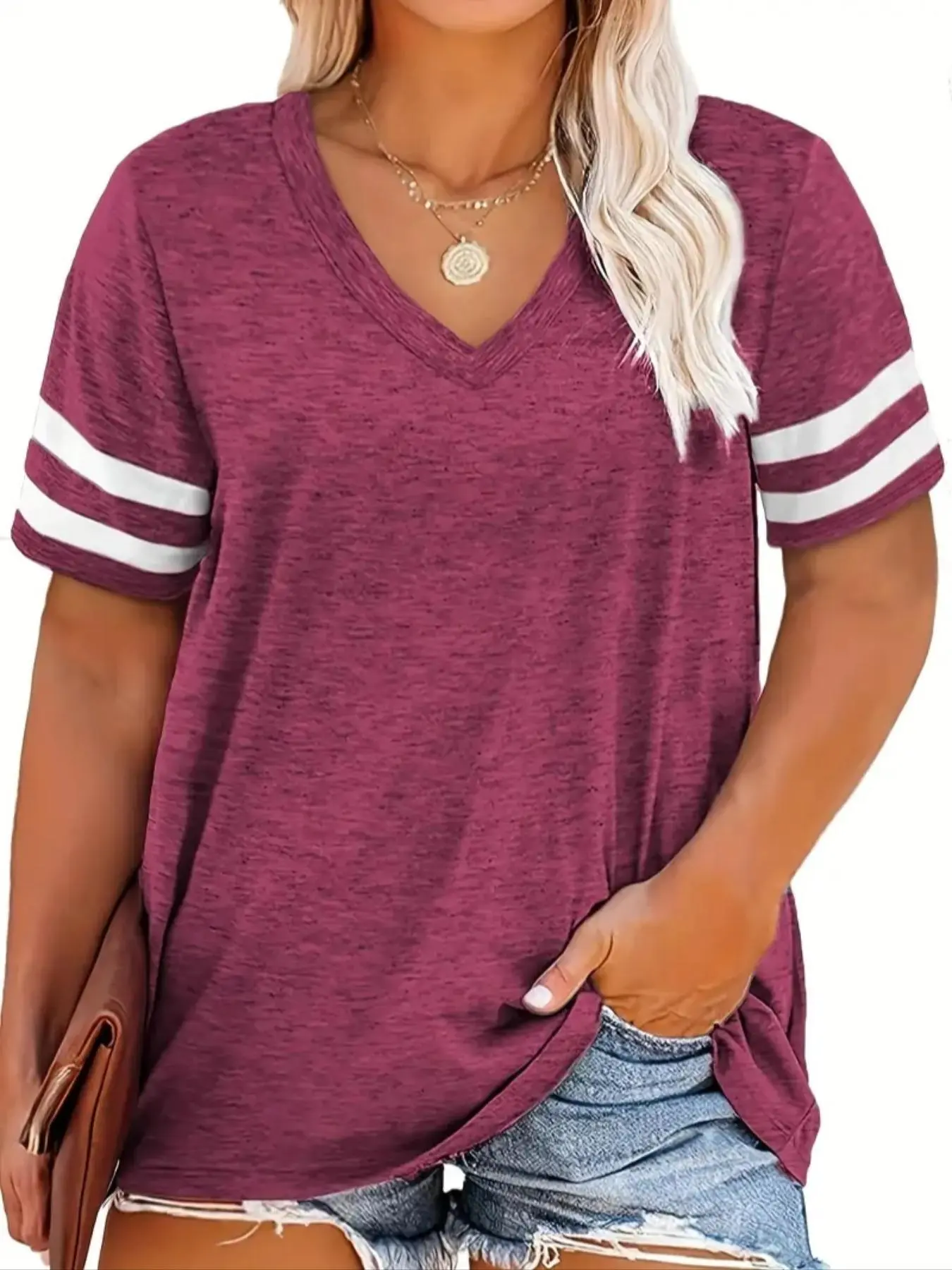 Women's Contrast Striped V Neck Short Sleeve Tee