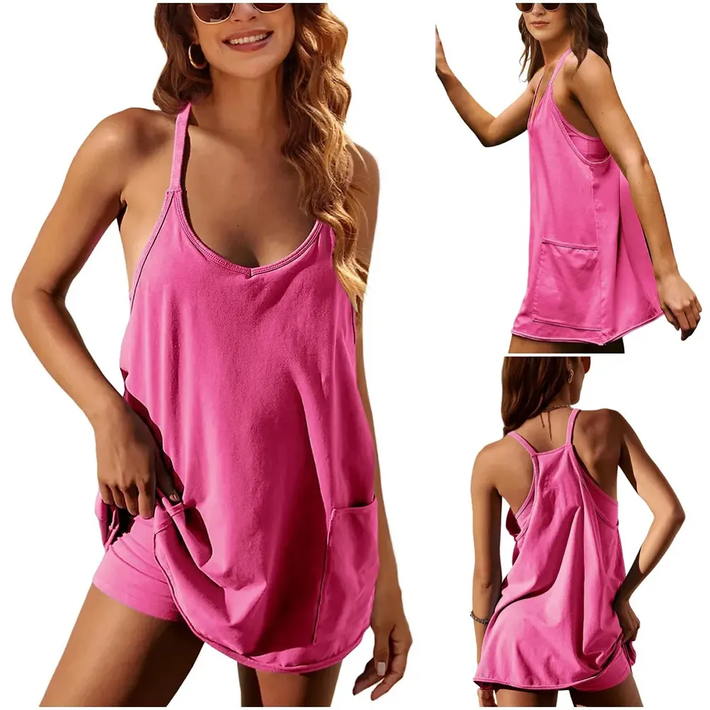 Women's Mini Dress V Neck Spaghetti Straps Built-in Shorts