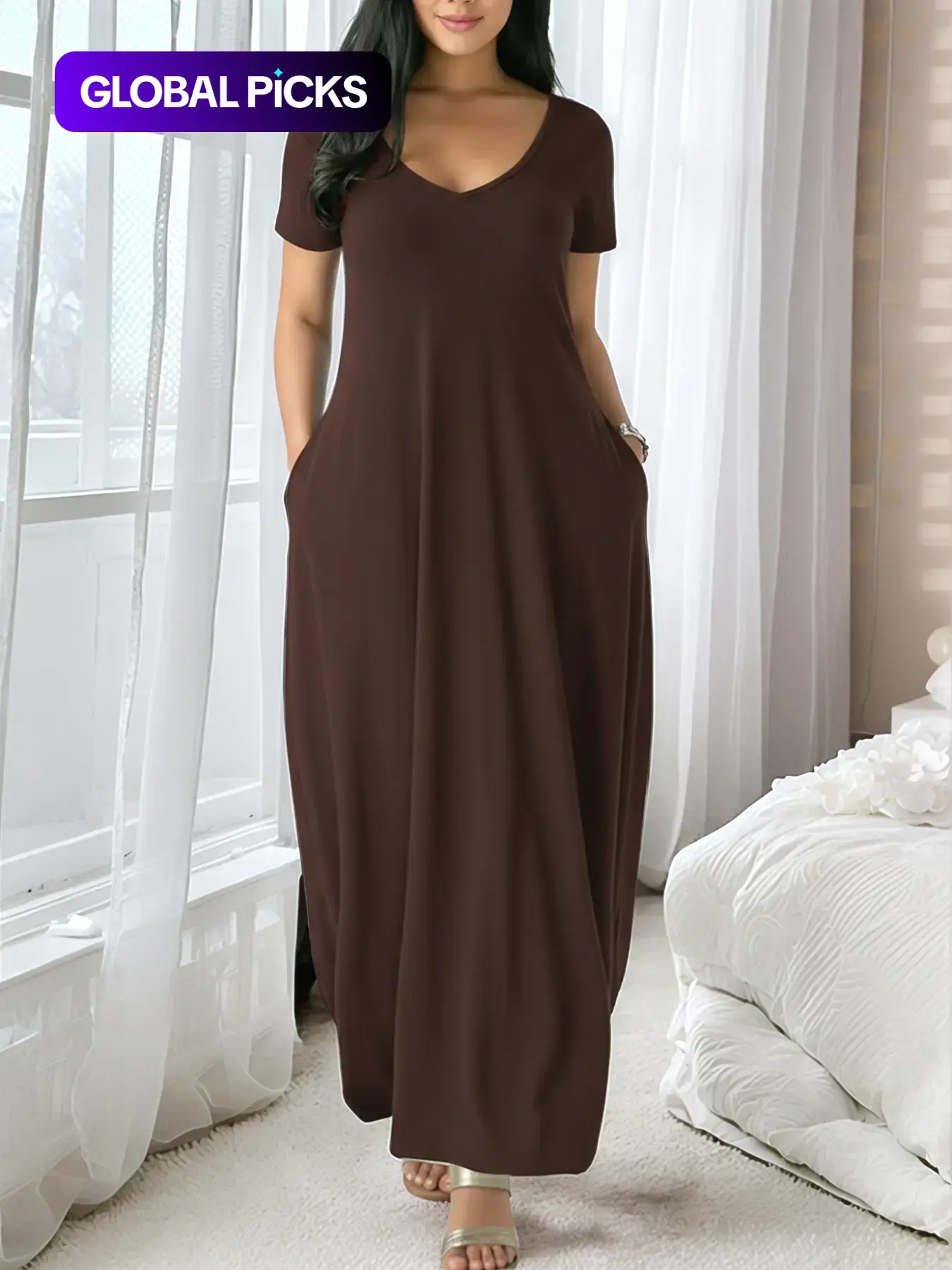 Women's Long Loungewear Dress, Casual Fitted Style, Large Round Neck Short Sleeve Pocket Sleepwear, Soft Fabric Everyday All Seasons Wear
