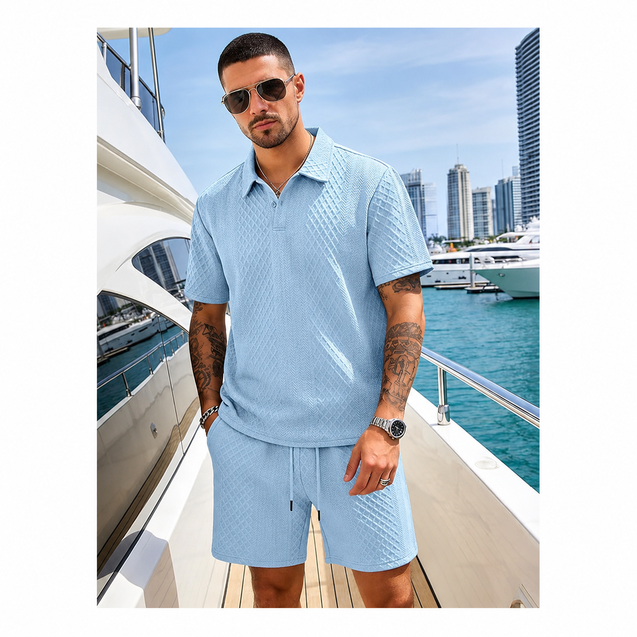 Men's 2 Pieces Outfits Casual Polo Shirt and Shorts Set