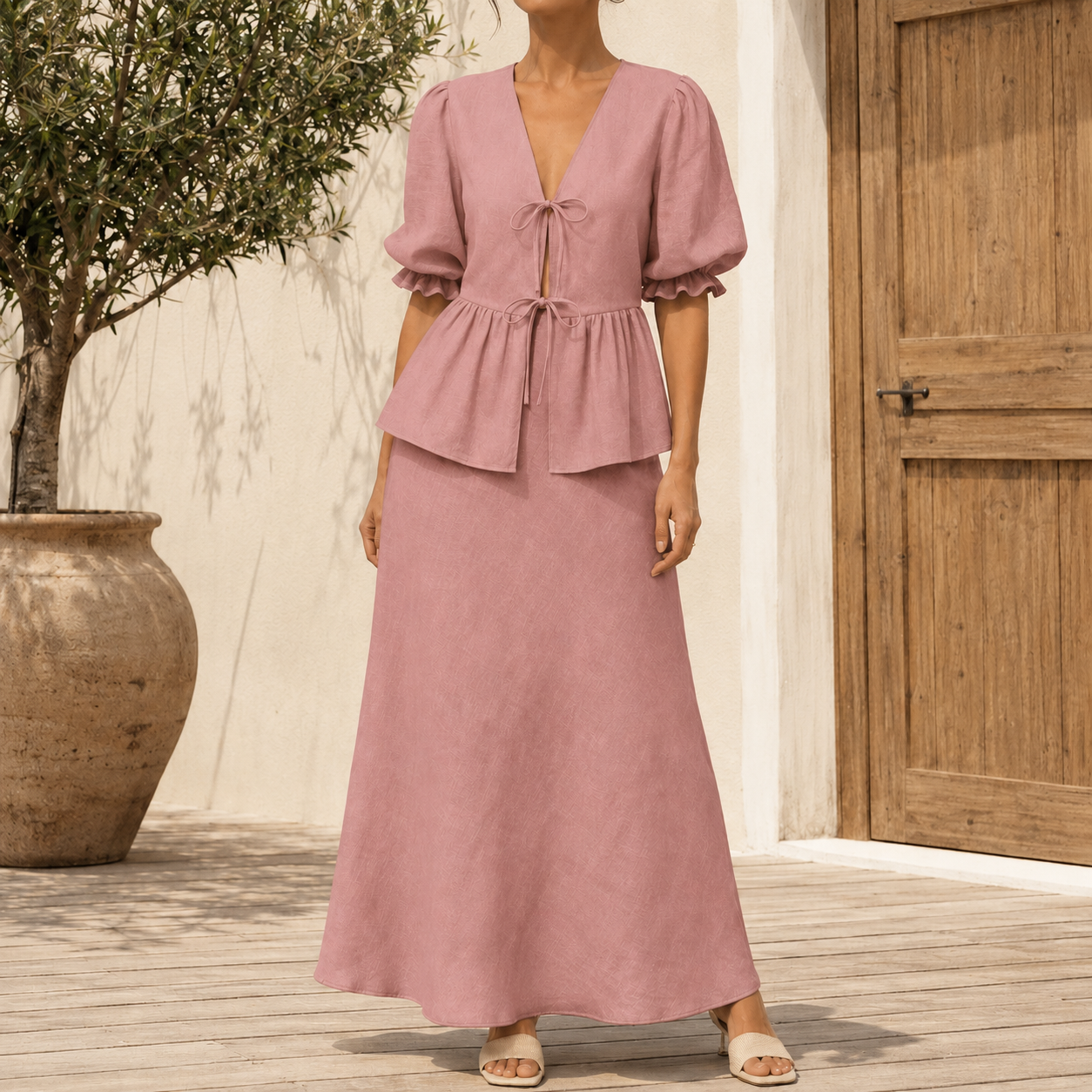 Dusty rose tie front puff sleeve top and maxi skirt on model