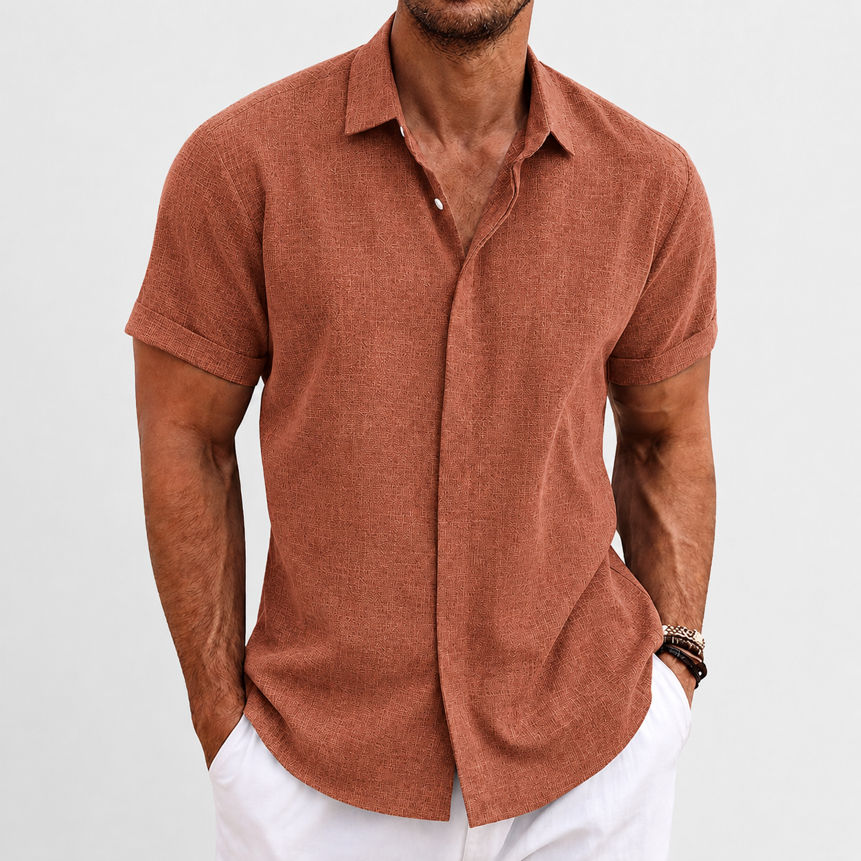 Rust Clay short-sleeve button-up shirt model image