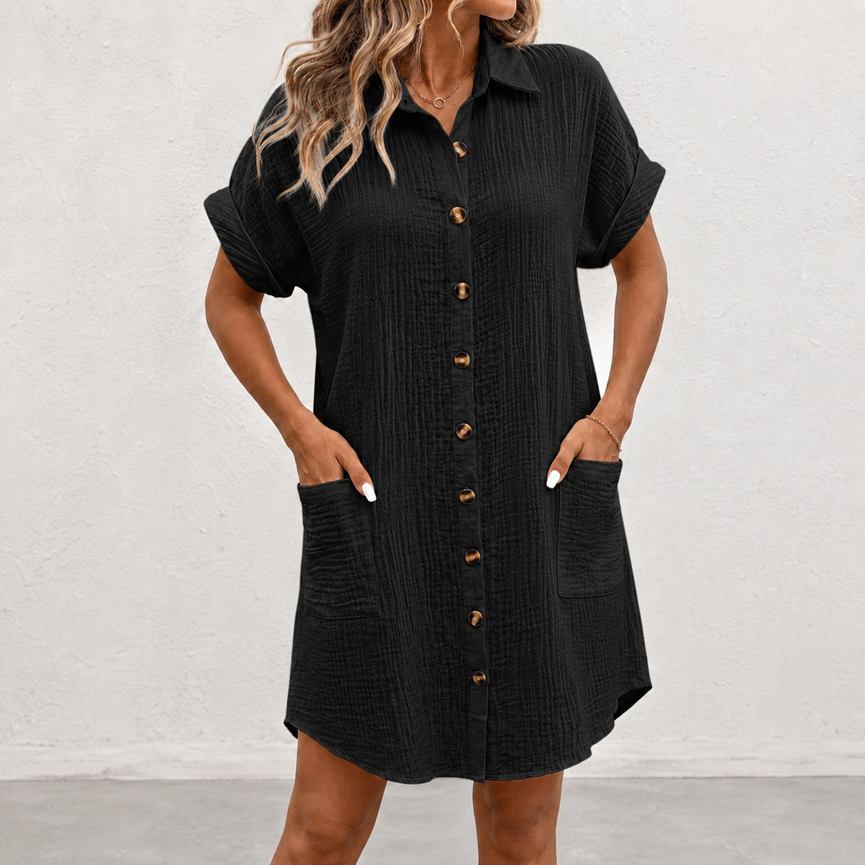 Classic black crinkle button down shirt dress