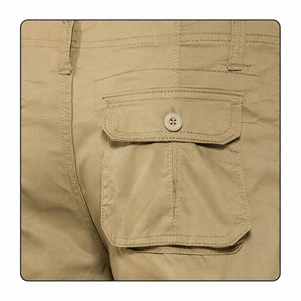 Back flap pocket detail on men's belted cargo shorts