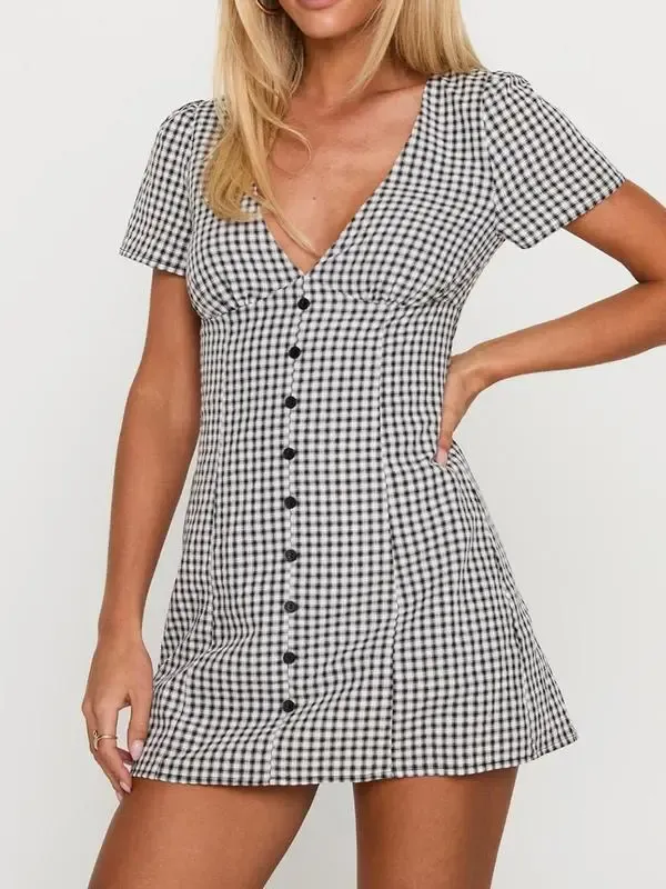 Women's Plaid Print Button Decor V Neck Shortsleeve