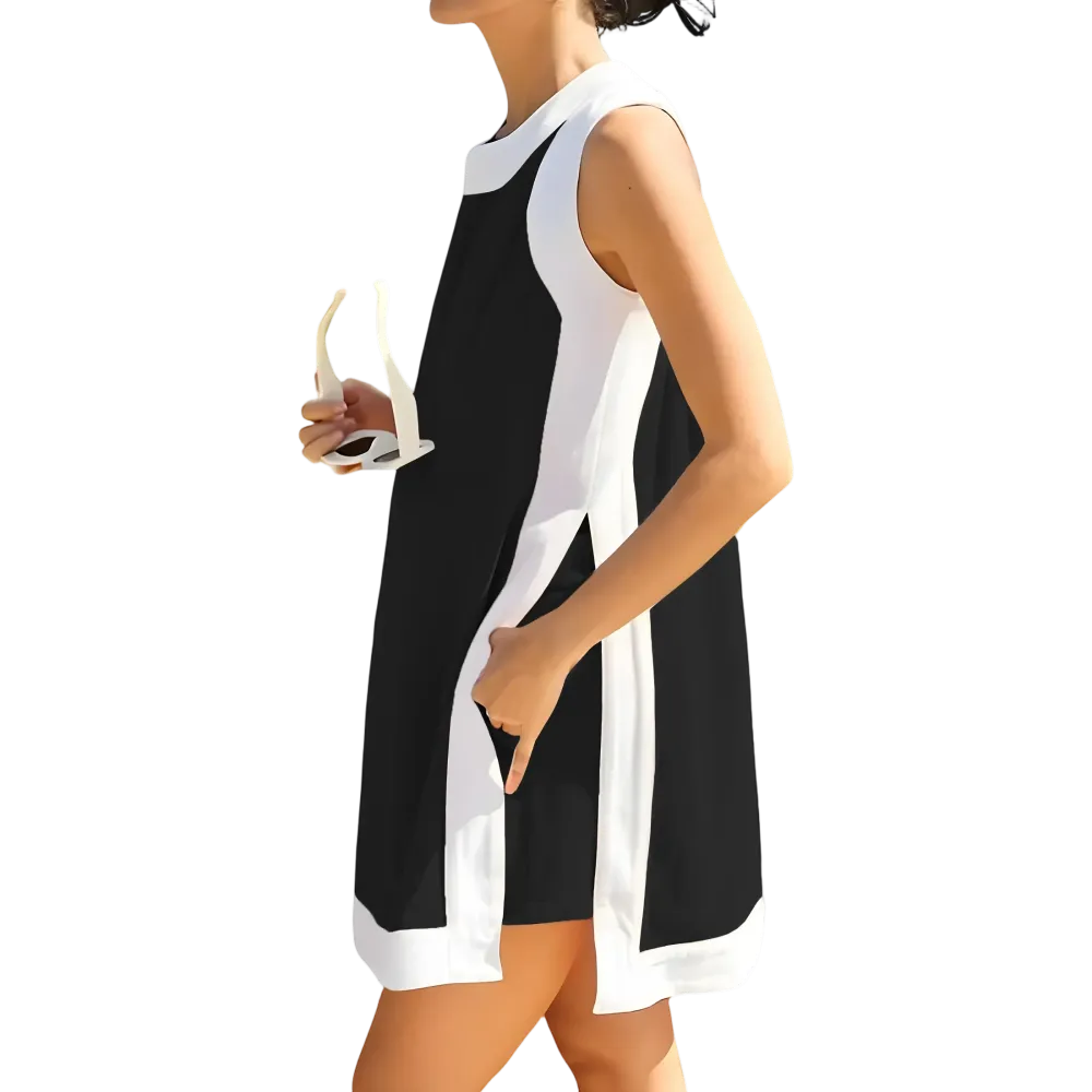 Women's color-blocked crew neck sleeveless pullover with shorts with pockets