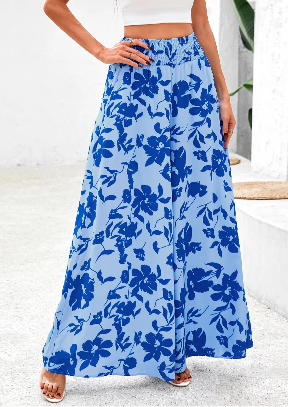 Casual Elastic High WaistedPockets Boho Beach Wide LegPalazzo Pants