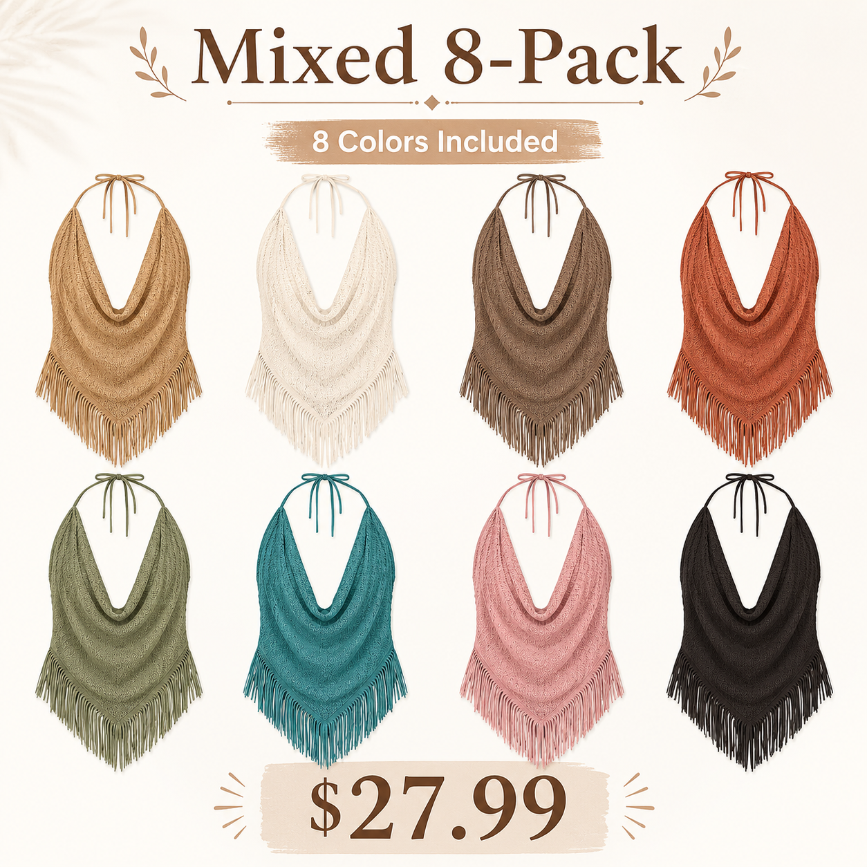 Mixed 8-Pack boho crochet halter fringe top bundle