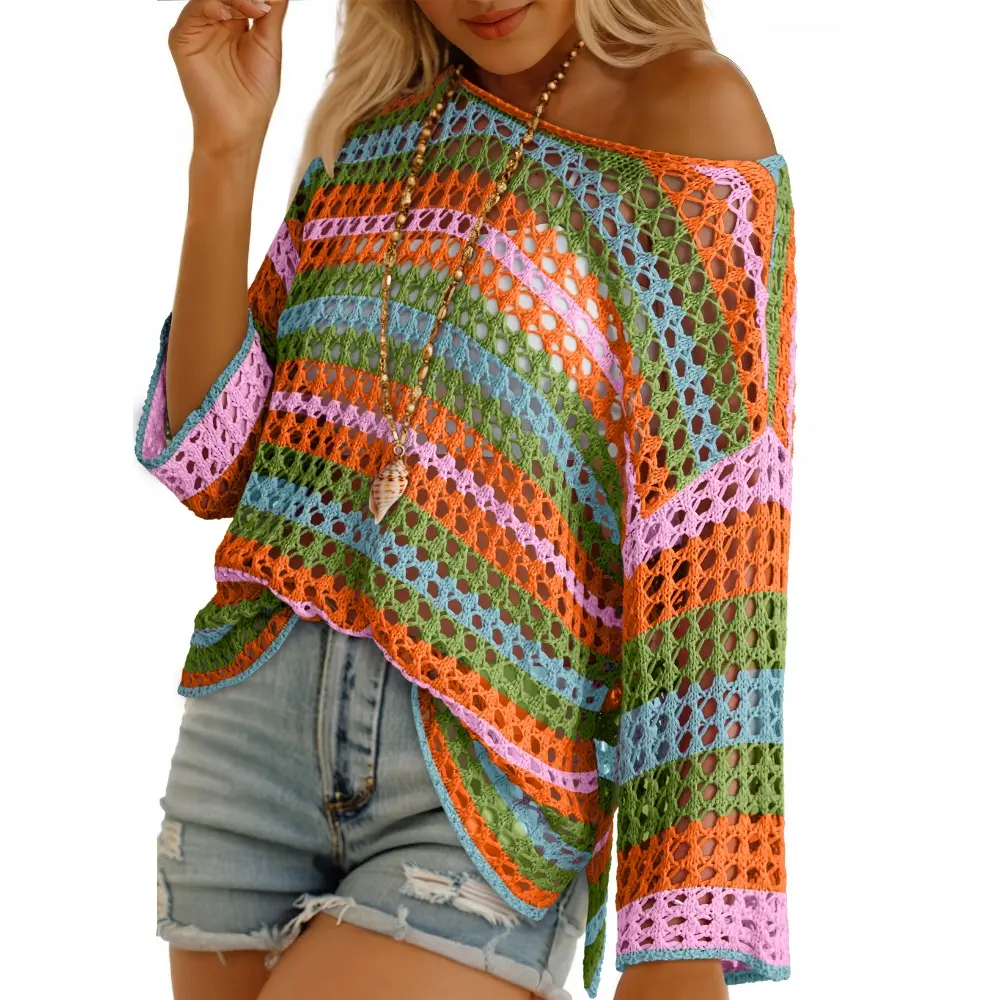 Orange green striped hollow-out crochet top