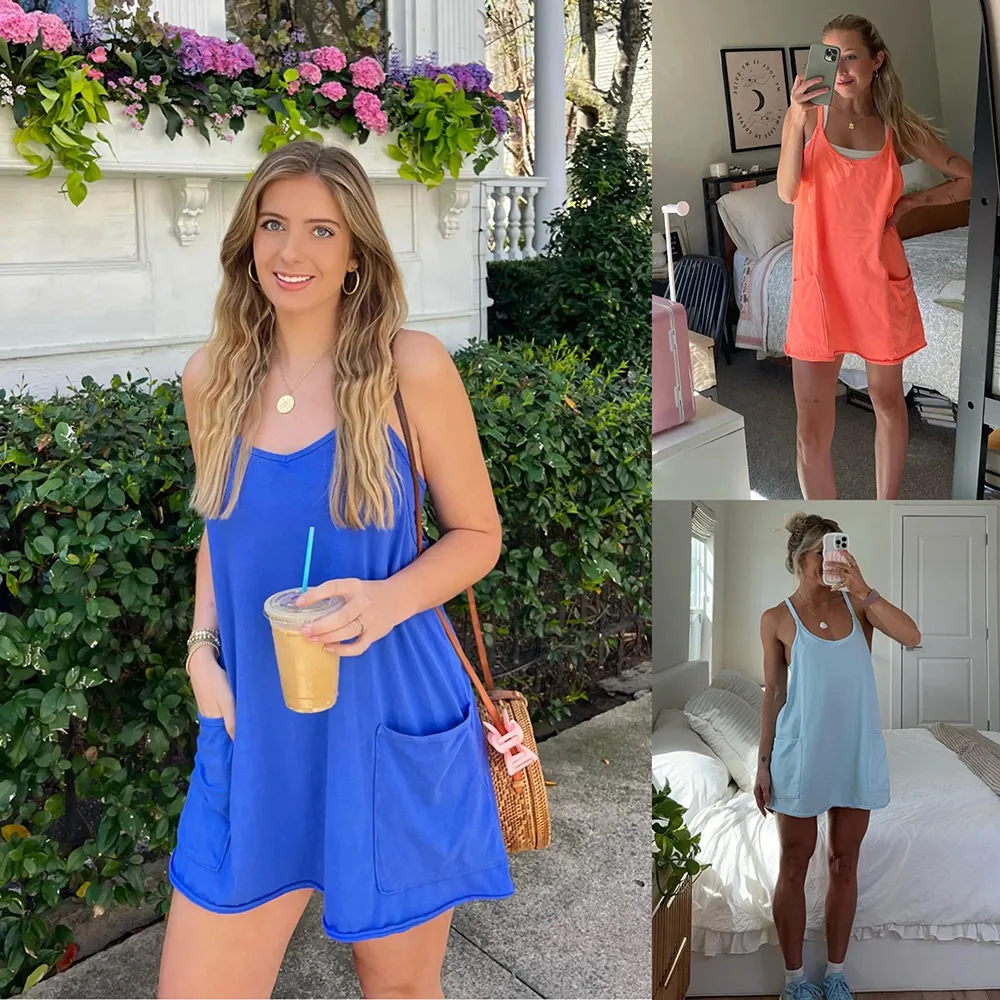 Women's Mini Dress V Neck Spaghetti Straps Built-in Shorts