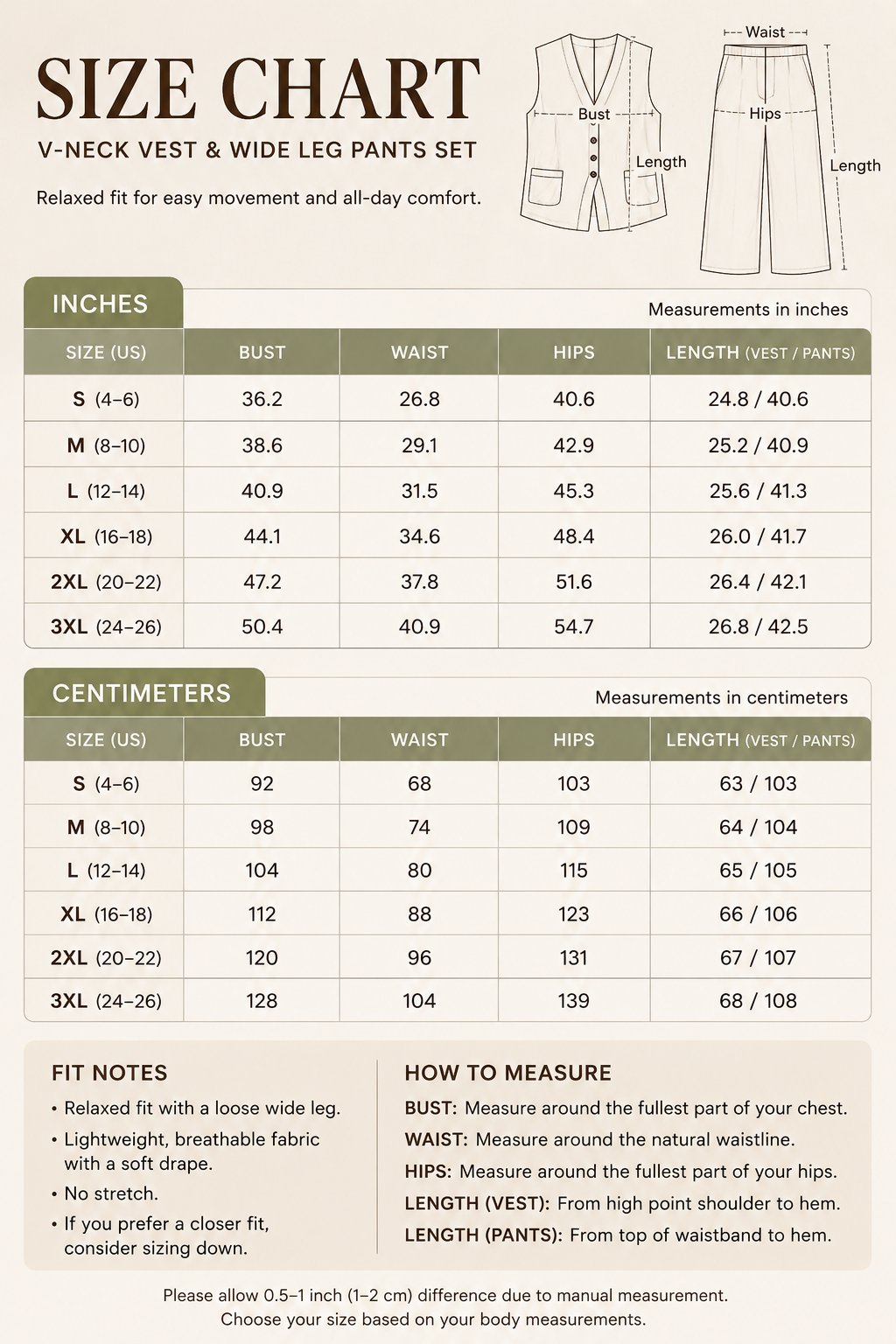 Size chart for the V-neck vest and wide leg pants set