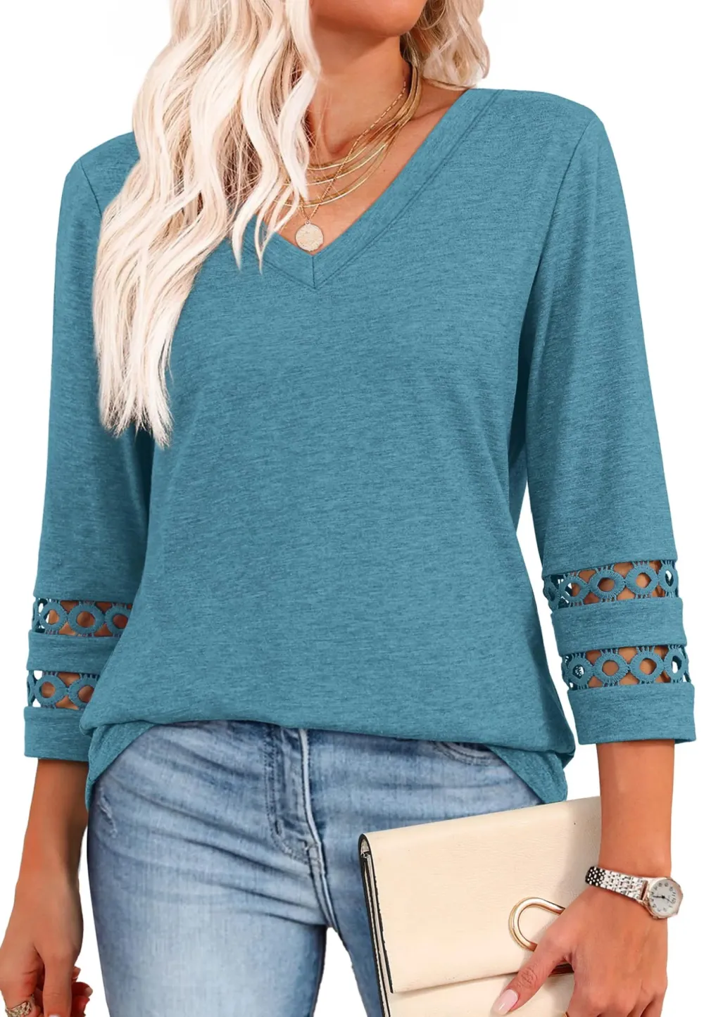2026 Women's Trendy V-Neck T-Shirt with 3/4 Sleeves - Stylish & Comfortable Top