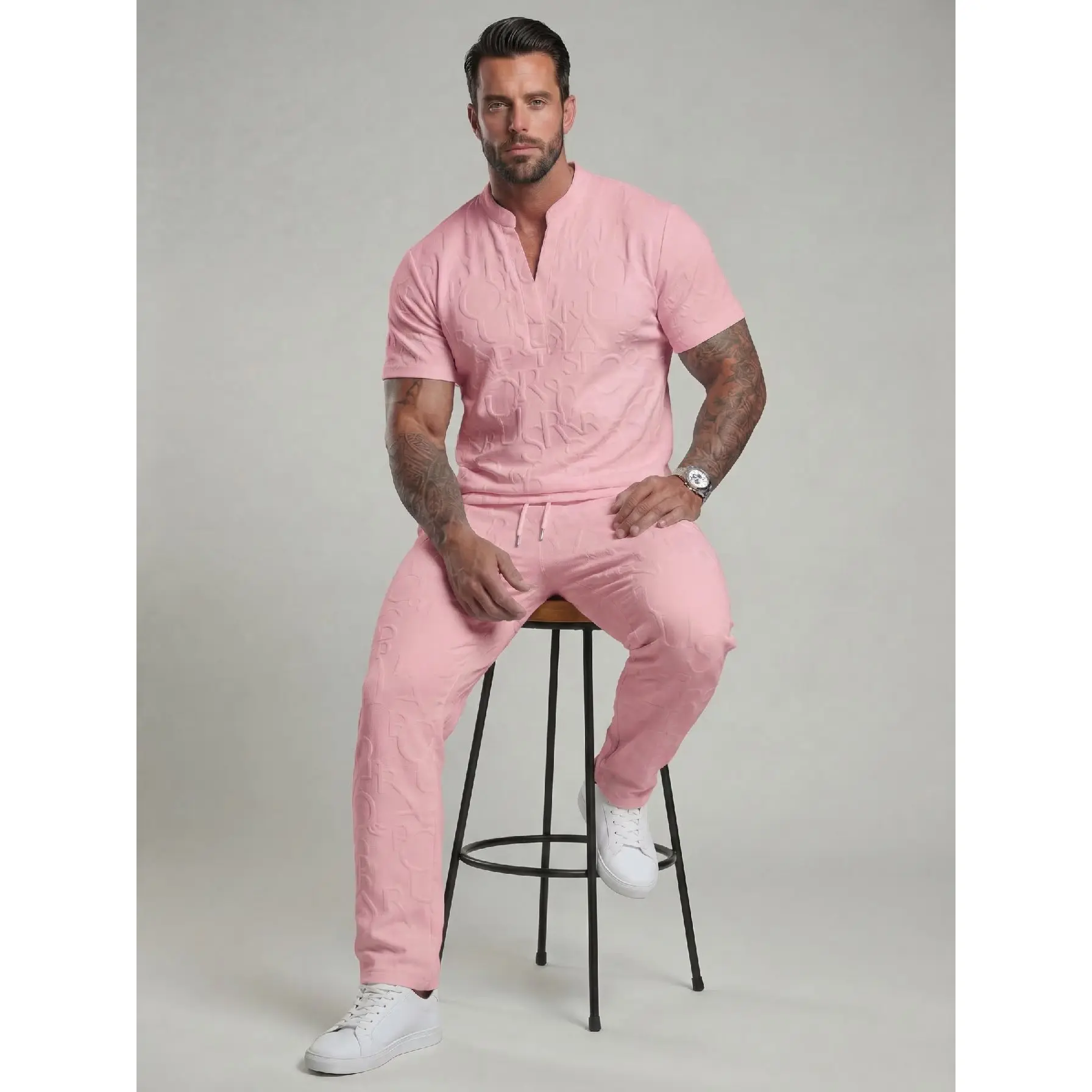 Men’s Textured Letter Embossed 2-Piece Casual Set – Short Sleeve Notch Neck Shirt & Drawstring Pants 5-Pack