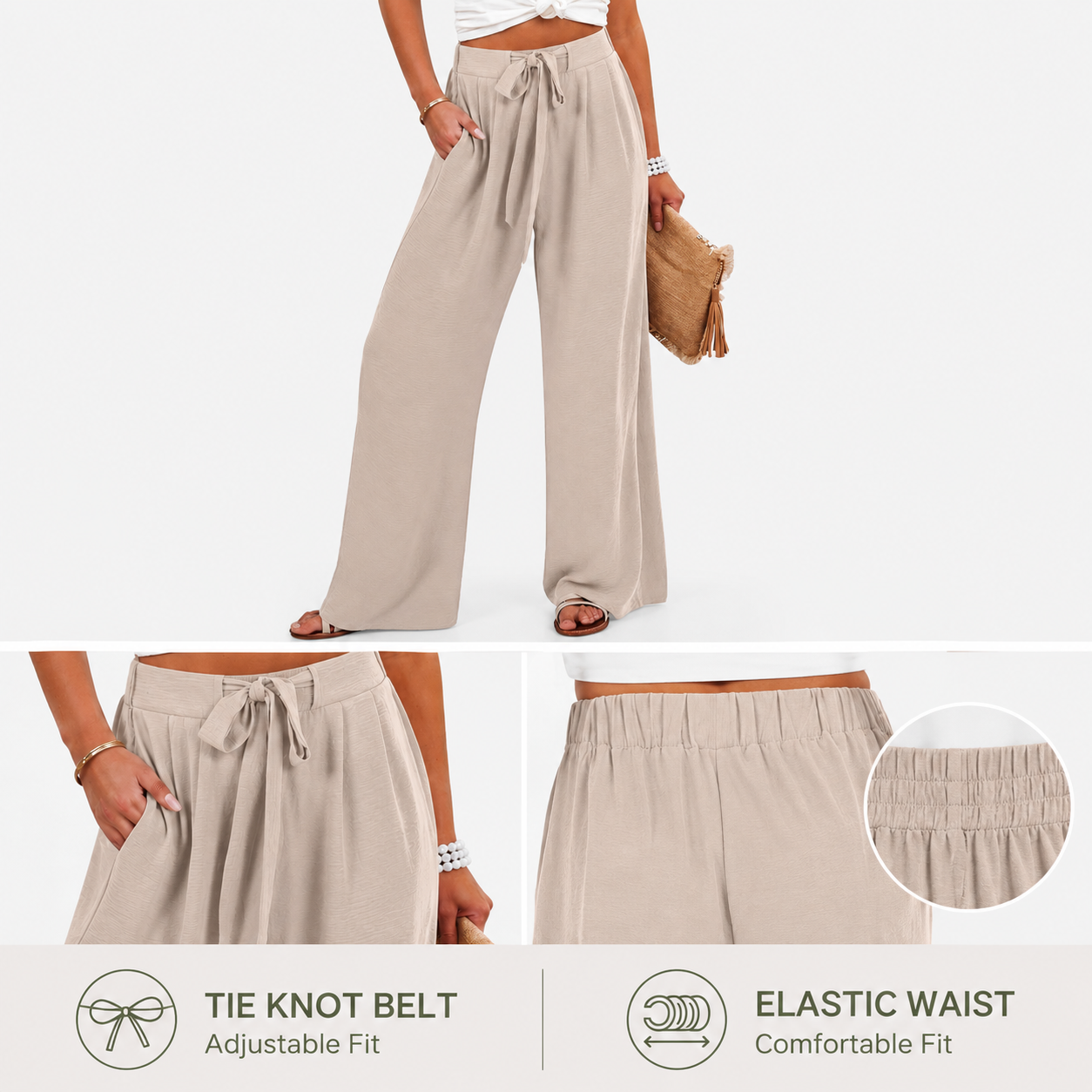 Tie-knot belt, side pockets, and elastic back detail