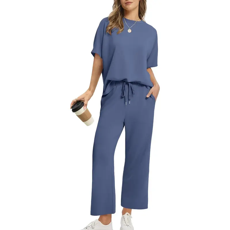 Two Piece Sets for Women Summer Outfits Oversized Wide Leg Crop Pants Lounge Sets Airport Beach Vacation Clothes |(Size Up 1-2 for Oversized Look) Casual Shortsleeve