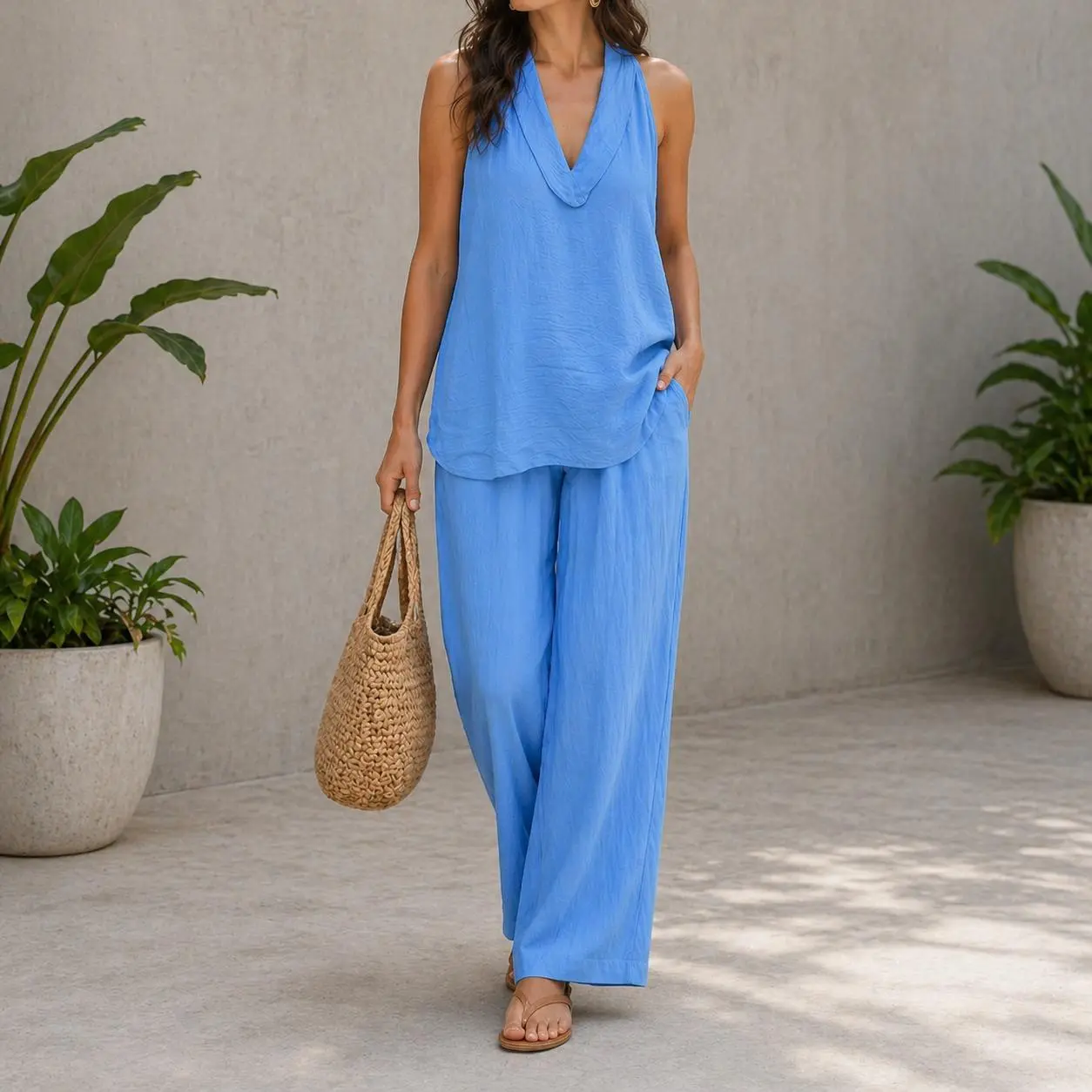 Boho Two Piece Set - Perfect for Beach, Vacation & Brunch Sleeveless Top Wide Leg Pants Set