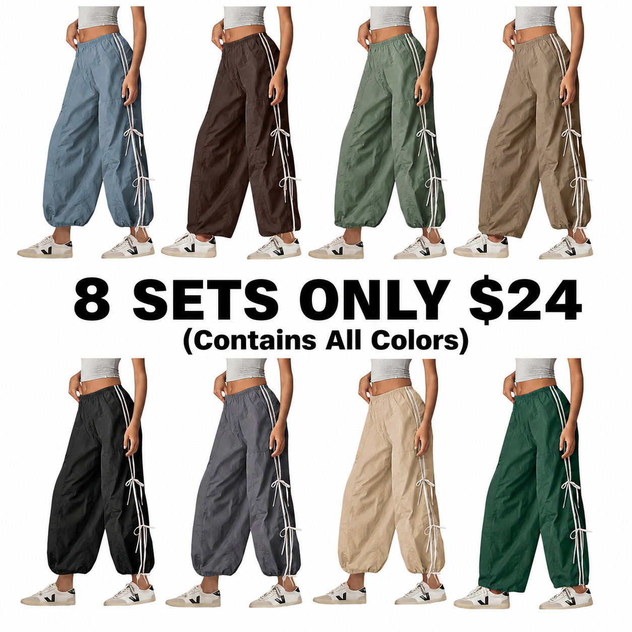Women Elastic High Waist Cargo Pants with Adjustable Cuffs