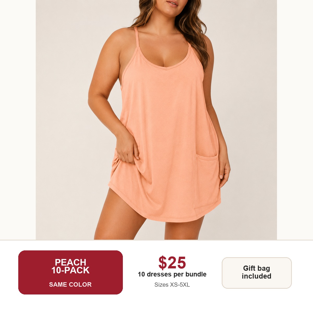 Women's sleeveless athletic dress - Peach 10-Pack
