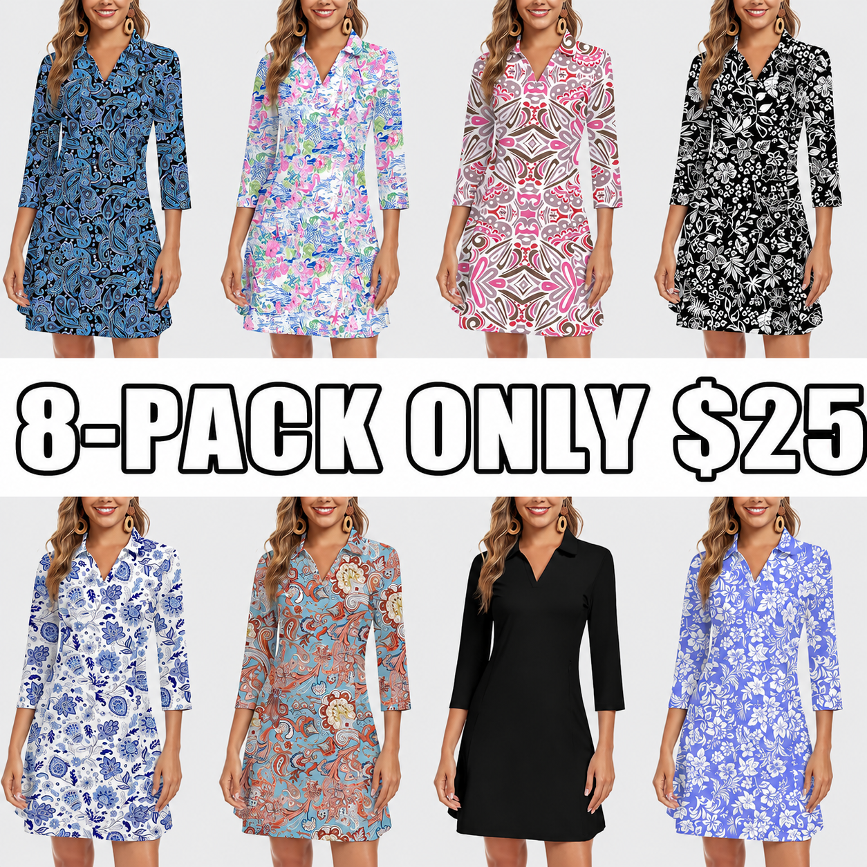 3/4 Sleeve Dress for Women with Pockets V Neck UPF 50+ Casual Sun Dress Breathable Quick Dry Beach Vacation
