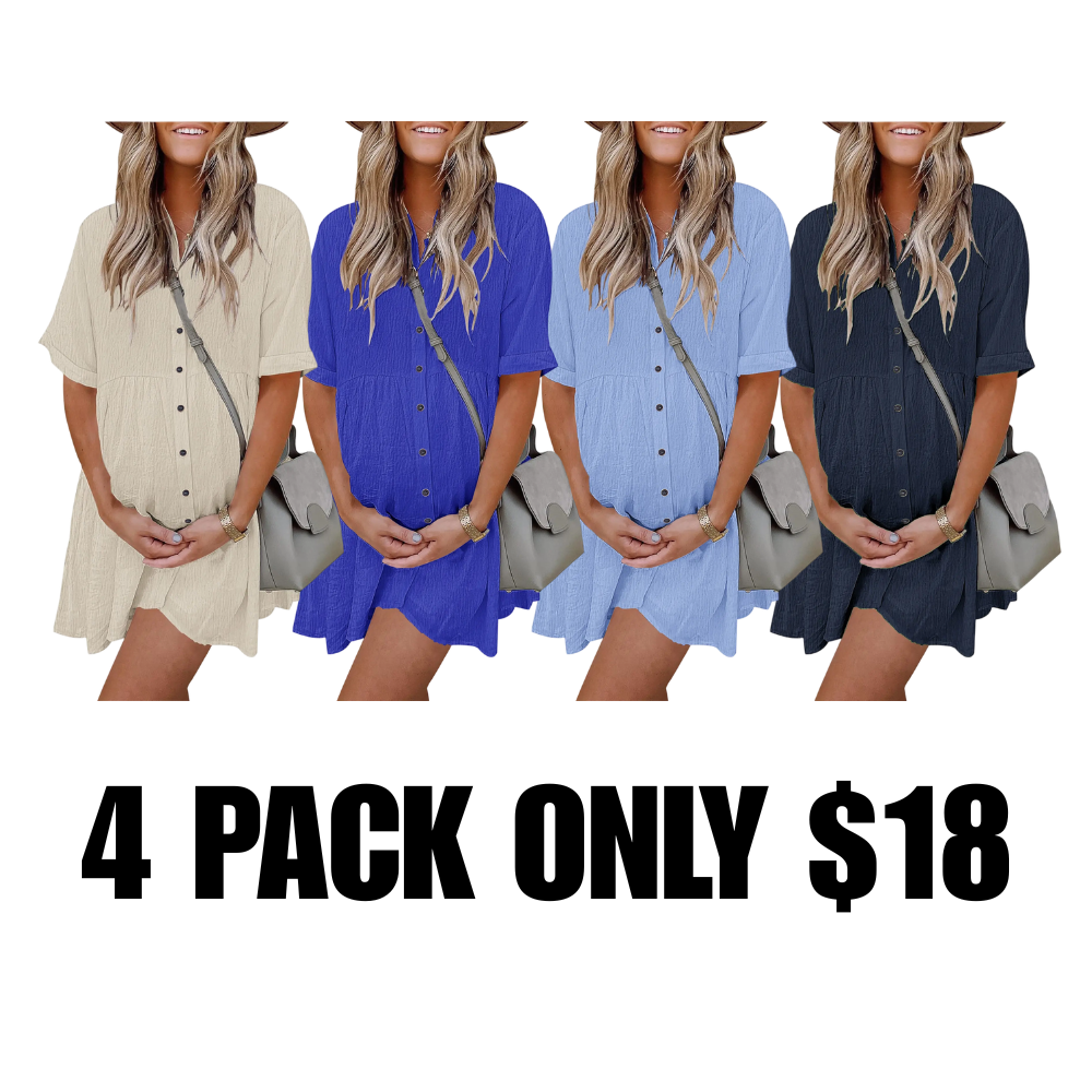 Babydoll Dress for Women Short Sleeve Button Down Textured Non-clingy Loose Fit Flowy Mini Dress with Pockets