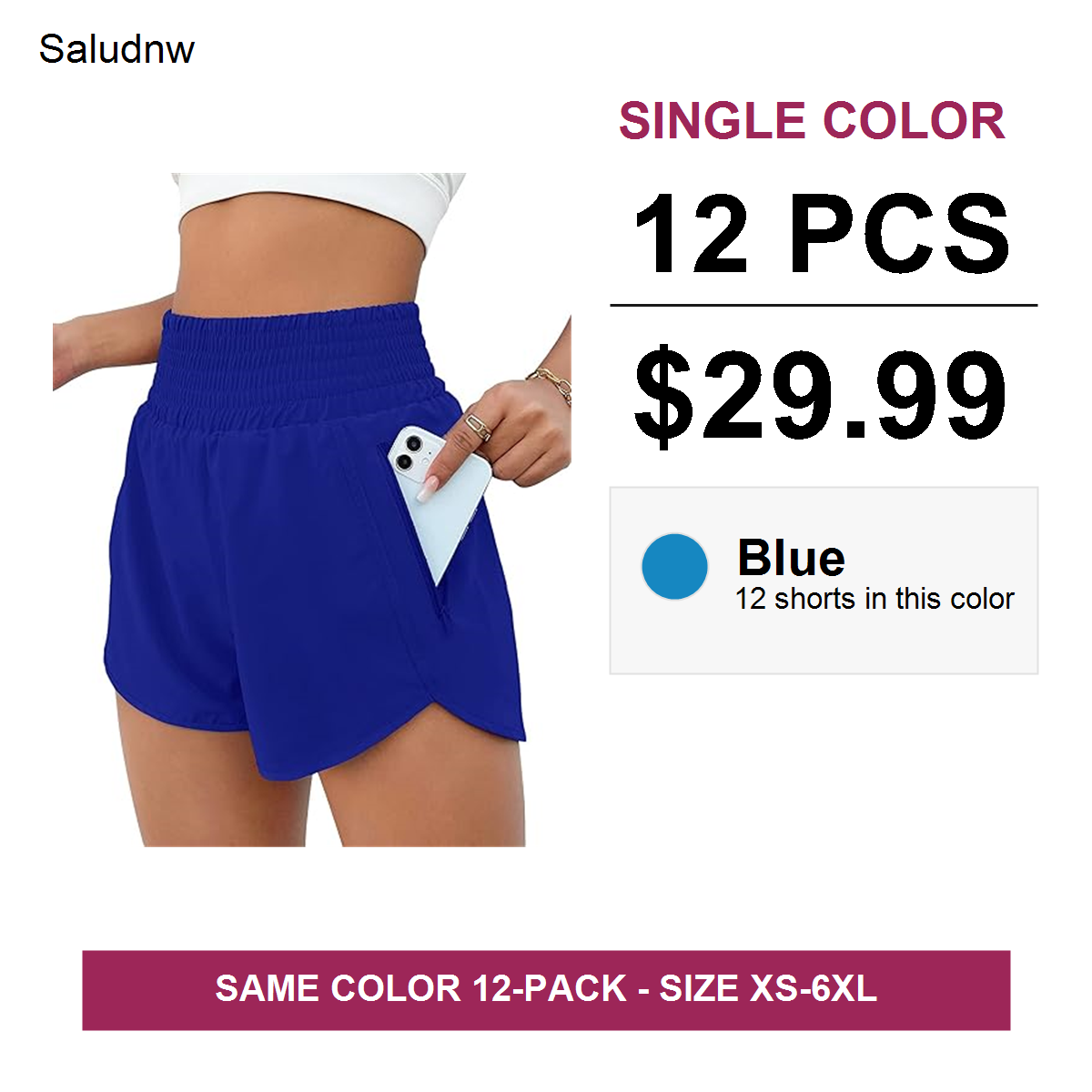 Single-color 12 pcs $29.99 women's athletic shorts - Blue