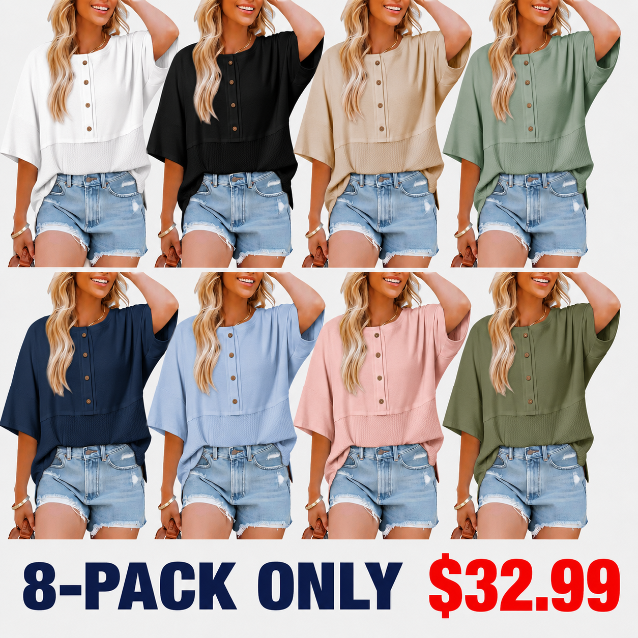 Womens Waffle Knit Tops 3/4 Sleeve Casual Button Down Shirts Crew Neck Oversized Patchwork Blouses