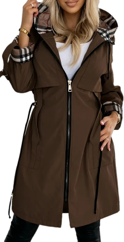 ⏰Winter Clearance Sale - 80% Off 🔥Women's Hooded Zipper Drawstring Plaid Print Casual Long Coat